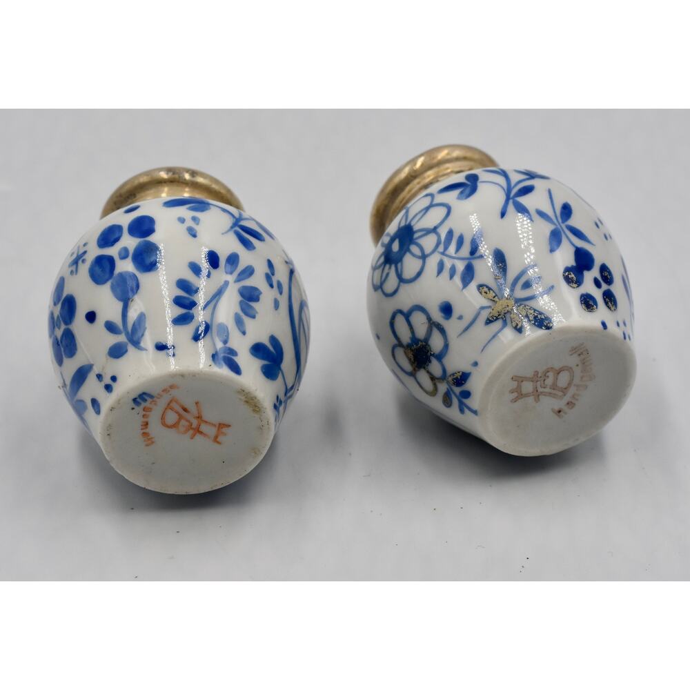 Rare Meissen Blue Porcelain Salt & Pepper Hand Painted Sterling Silver Lids - Picture 5 of 13